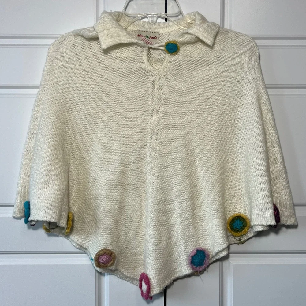 Toffee Apple Kids‎ Cream Knit Poncho Colorful Pom Pom Accents Youth SM